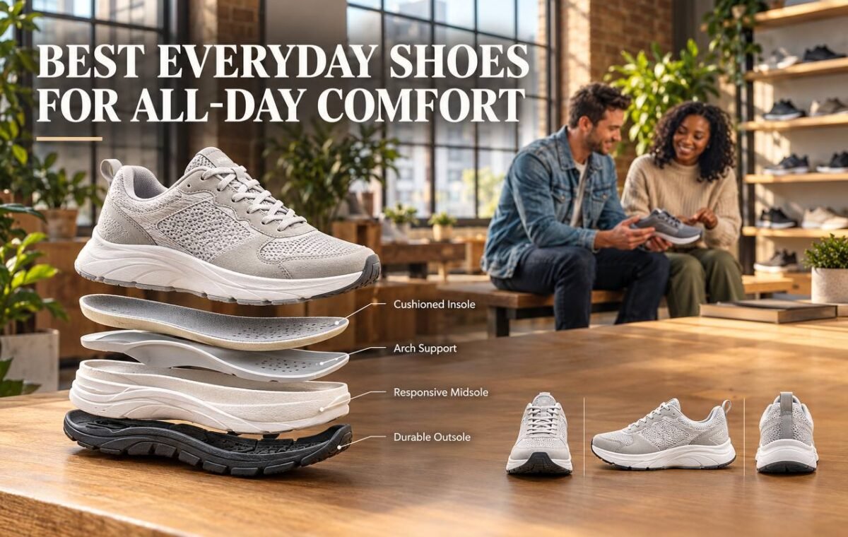 A couple sitting in a shoe store view interactive 3D everyday shoes with "Cushioning" and "Arch Support" data overlays