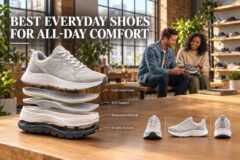 A couple sitting in a shoe store view interactive 3D everyday shoes with "Cushioning" and "Arch Support" data overlays