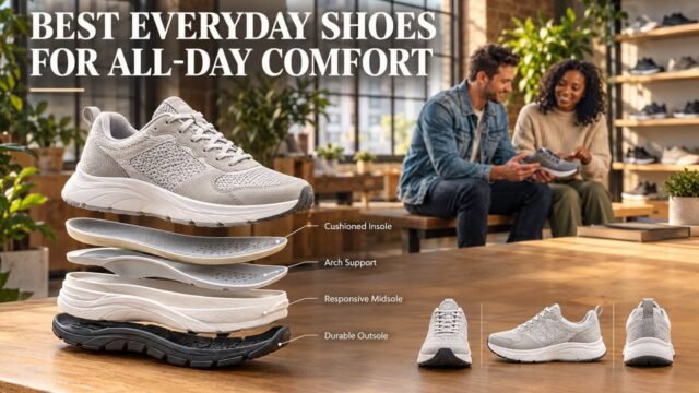 A couple sitting in a shoe store view interactive 3D everyday shoes with "Cushioning" and "Arch Support" data overlays