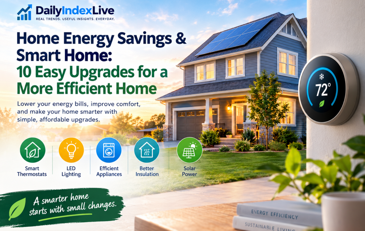 Energy-efficient American home with rooftop solar panels and a smart thermostat