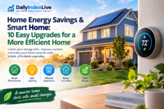 Energy-efficient American home with rooftop solar panels and a smart thermostat