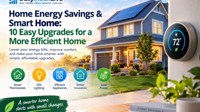 Energy-efficient American home with rooftop solar panels and a smart thermostat
